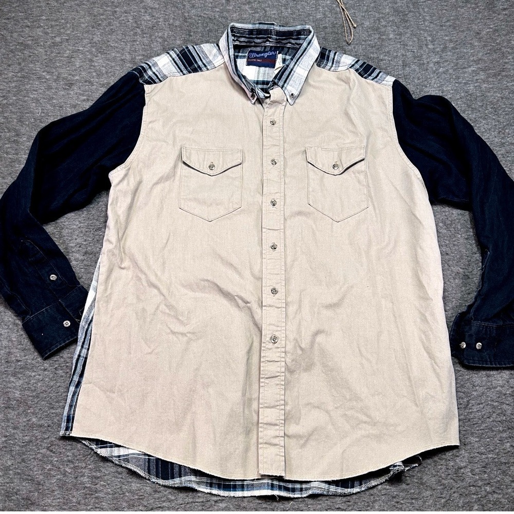 Vintage Wrangler Western Shirt Mens Large 16x36 Beige Blue Plaid Rodeo Button Up